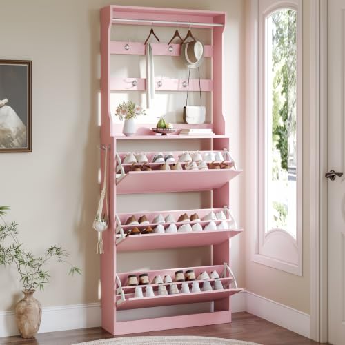 Image of Shoe Cabinet for Entryway with 3 Flip Drawers, Pink Tall Shoe Storage Cabinet with Coat Rack, Wood Narrow Slim Hidden Freestanding Shoe Rack Organizer, 2 in 1 Hall Tree for Living Room, Hallway