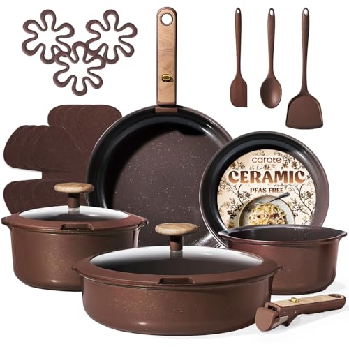 Image of CAROTE Pots and Pans Set, Ceramic Cookware Set Non Stick with Detachable Handle, RV Kitchen Cooking Set, Induction & Oven Safe, Non-Toxic, PFAS and PFOA Free, Dark Choco, 19 Pcs