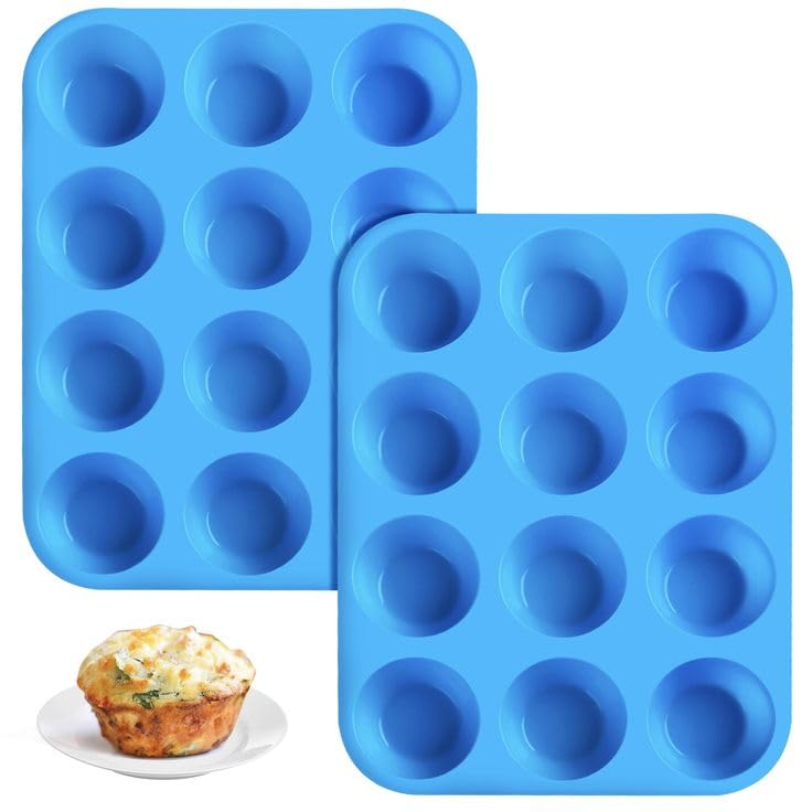 KEY DXB 12 Cups Silicone Muffin Pan - Nonstick BPA Free Cupcake Pan 1 Pack Regular Size Silicone Mold, cake pan, cake mold, muffin tray (Blue)