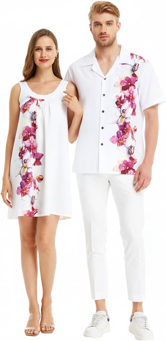 Matchable Couple Hawaiian Luau Shirt Matching Round Neck Dressor Round Neck Dress in Watercolor Orchid