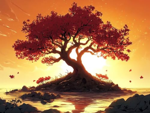 Peinture par Numéro Adulte Arbre Coucher de Soleil Kit Toile Acrylique 50X70CM J0-1195