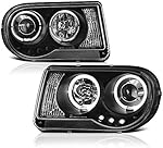 [For 2005-2010 Chrysler 300C Halogen Model] LED Halo Ring Black Projector Headlight Headlamp Assembly, Driver & Passenger Side