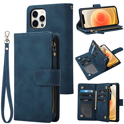 Ranyok Wallet Case Compatible Iphone 12 Pro Max (6.7 Inch), Premium Pu Leather Zipper Flip Rfid Blocking Wallet With Wrist Strap Magnetic Closure Built-In Kickstand Protective Case - Blue #TOP9