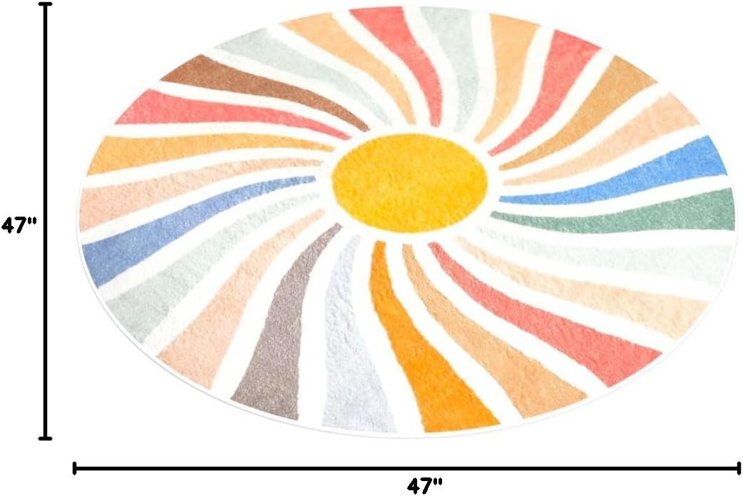 Topotdor Sun Rainbow Round Rug,Colorful Boho Kids Rug Ultra Soft Washable Nursery Rug for Bedroom Perschool Classroom,47" Round