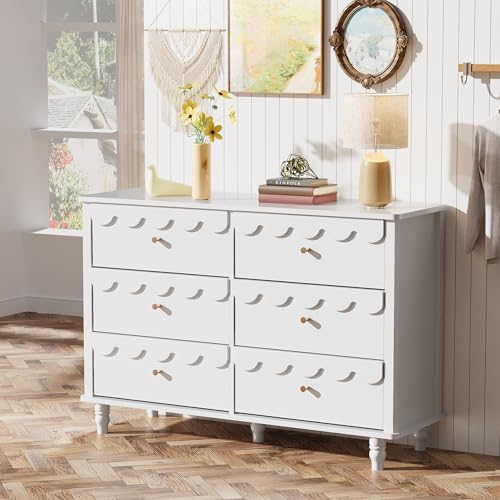 Image of Anbuy Nursery Chests and Dresser for Kids Bedroom Wood Scalloped 6 Drawer Dresser, Dressers & Chests of Drawers with Metal Handles for Bedroom, Nursery, Hallway(White)