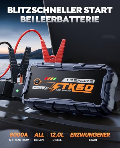 Starthilfe Powerbank für PKW 8000A (All Gas/12,0L Diesel), Auto Starthilfe 26800mAh, 12V Autobatterie Booster mit 800 Lumen Taschenlampe, 2 USB Ausgänge, Verdickt Starthilfekabel, Tragbarer Griff