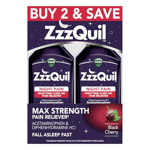 ZzzQuil Liquid Max Strength Pain Reliever, Nighttime Sleep Aid Liquid, Acetaminophen 1000mg, Diphenhydramine 50mg HCI, Non-Habit Forming, Black Cherry Flavored, 2 Pack, 24 FL OZ