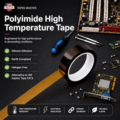 Image of Tapes Master 3 /8 inch x 36 Yds 1 Mil Polyimide High Temperature Heat Resistant Tape with Silicone Adhesive, No Residue