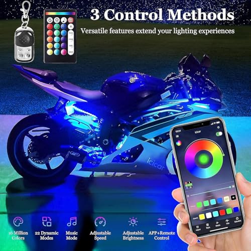Image of Motorcycle LED Underglow Kit, icicar 20Pcs APP /RF Control Multicolor Motorcycle LED Light Kit with Brake Turn Signal, IP68 Waterproof & Music Sync Ambient Light for Motorcycles