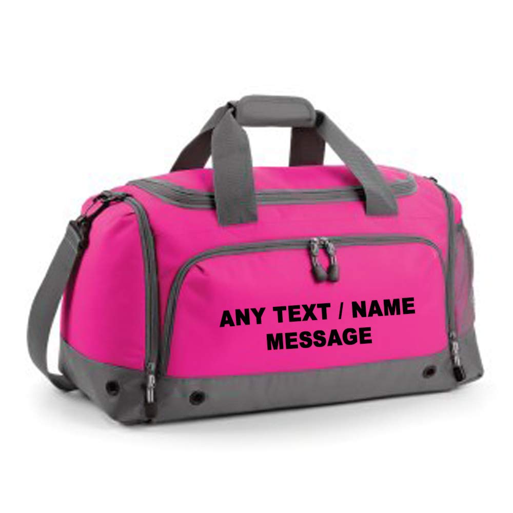 Getagift Personalised with your own Name/Text themed Athleisure Holdall shoulder strap Gym Water resistant Outdoor Bag. (Fuchsia/Pink)