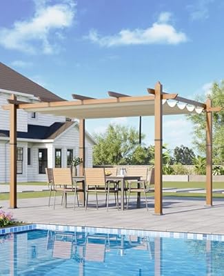 GarveeLife 10x13 Ft Outdoor Pergola with Retractable Canopy Upgraded Outdoor Aluminium Pergola, Faux Wood Grain Metal Patio Gazebo for Modern Backyard Deck for Porch, Awning, Grape Trellis, Beige