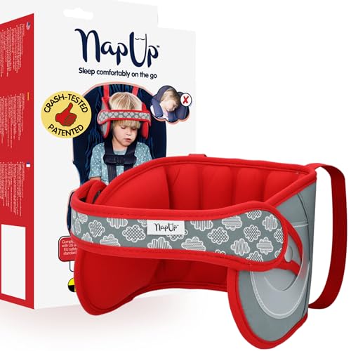 NapUp Adjustable Head Support for Car Seat – Patented & Crash-Tested Anti-Bobbing Head Holder Strap, Comfortable Sleep Solution - Breathable Fabric, Kids Travel Accessories - Ages 2+ - Red