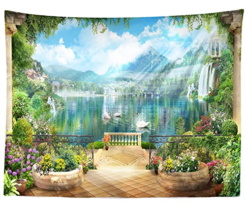 Beleco European Palace Garden Tapestry Wall Hanging 80X60 Inch Flower Garden Balcony View Swan Lake Mountain Waterfalls Scenery Tapestry Wonderland Tapestry For Living Room Bedroom Dorm Decor #TOP1