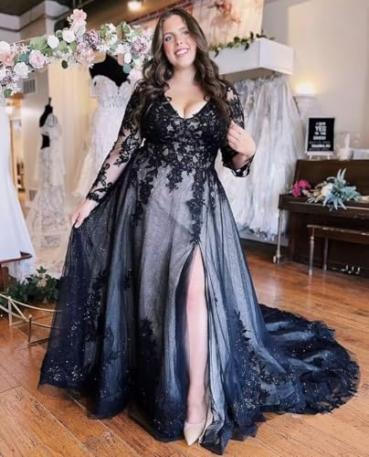 Mouccy Sparkly Black Wedding Dresses for Bride V Neck Long Sleeve Bridal Gowns with Slit Gothic Long Wedding Gown with Train3
