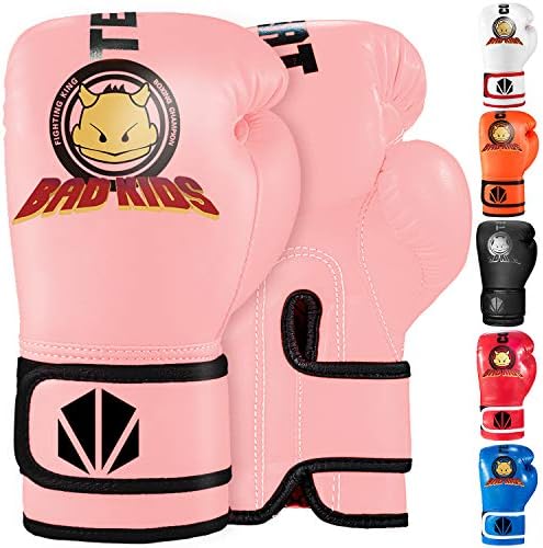TEKXYZ Bad Kids Series Boxing Gloves 6 OZ, Pink - Synthetic Leather Kids Boxing Training Gloves with Vivid Color for Boys and Girls Age 3 to 12 Years Old