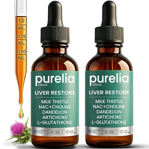 Purelia Official Liver Restore Complete Liver Support | Milk Thistle NAC + Choline Dandelion Artichoke L-Glutathione | for Liver Cleanse & Repair - 2 FL.OZ (2PCS)