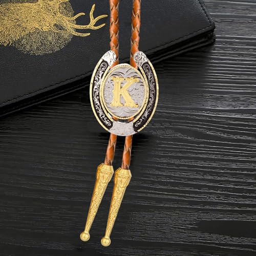 Image of Bolo tie for Men Western Cowboy Brown Leather Necktie Gold Initial Letter ABCDJMR to Z Bolo ties for Women