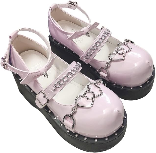 Image of Women's Platform Mary Janes Heart Cat Buckle Rivets Ankle Lolita Gothic Princess Platform Pumps Patent Leather Thorn Vintage Traditional Embroidery Upper Dress Shoes