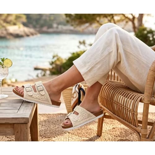 Image of PepStep Slide Sandals for Women with Soft Cork Footbed and Strap, Ladies Fashion Platform Slide Sandals Comfortable Slip On Style