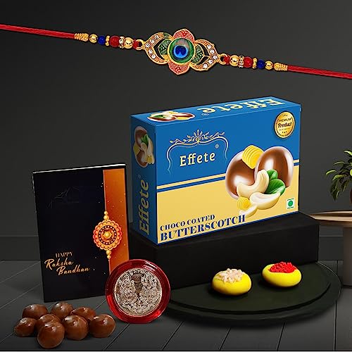 Image of DeoDap (K1 549 BS32) Rakhi Combo with Chocolate Butter Scotch 32gm, Rakhi & Chocolate for brother, Fancy Rakhis for men stylish, rakhi with gift, Rakhi Combo, Set of 1, Effete Chocolate