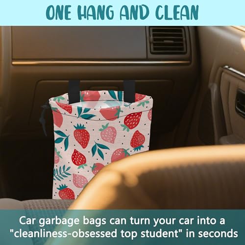 Image of Car Garbage Bag Strawberry Berries and Leaves Hanging Canvas Car Trash Bag Waterproof Drawstring Car Back Seat Organizer for Car Back Front Seat Console with Adjustable Buckle