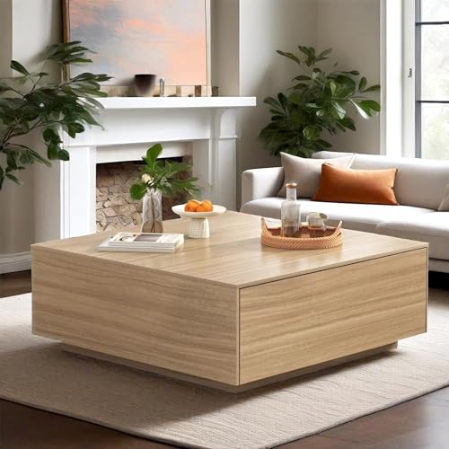 chartustriable 43” Square Coffee Table with Storage, 43' D x 43' W x 17' H Modern Large Square Center Table with 2 Drawers, Wood Coffee Table for Living Room, Light Brown,Bedroom,Light Brown