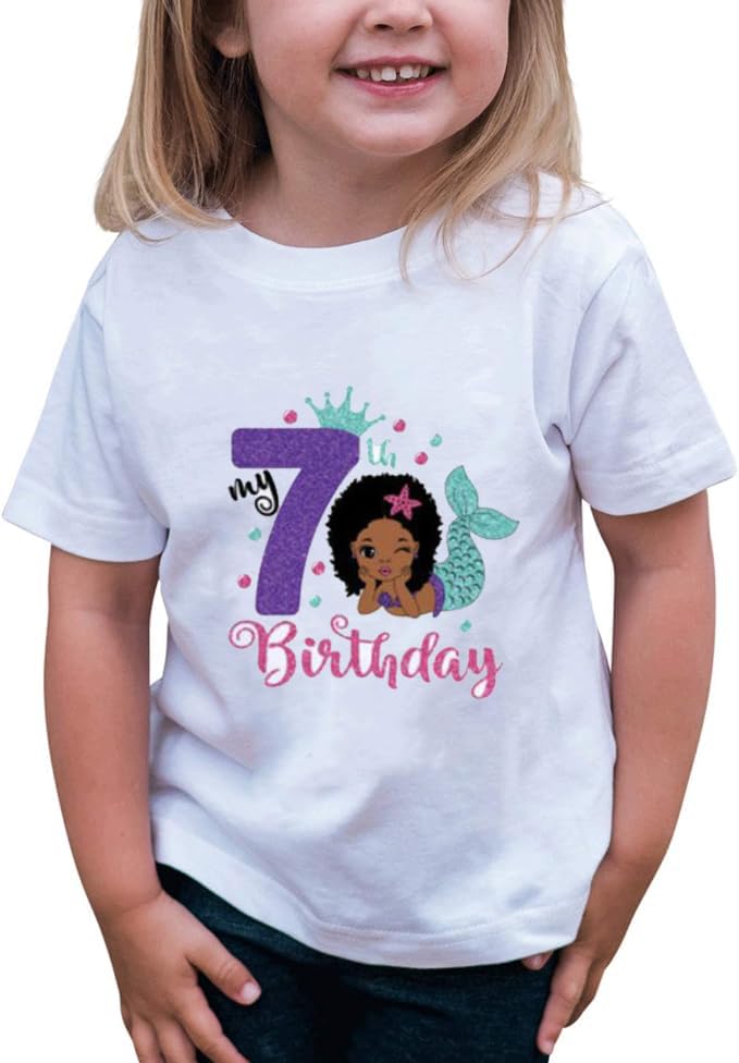 7th Birthday Shirt for Girls, Dress for Girls, T Shirt for 7 Year Old Gift Outfit, Decoration Mermaid Clothes Style C White2