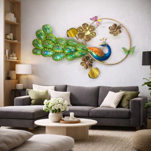 Image of SHREE 'O' GREEN TECH - Handcrafted Metal Big Golden Peacock Wall Art Leaf Frame Showpiece Multicolor Decor for Home, Living Room, Drawing Room & Bedroom Decor (Size 41x25 Inch)