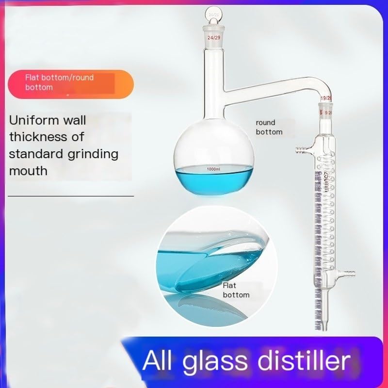 All Glass Round Bottom & Flat Bottom Distillation Flask with Serpentine Condenser Tube for Laboratory Purification(Flat Bottom)