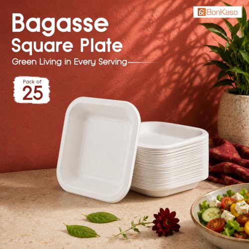 Image of Bonkaso 6x6 Inch Square Bagasse Plates Pack of 25 (White) | Disposable Sugarcane Paper Plates | Heavy Duty, Compostable & Microwave Safe | Plastic-Free Plates for Snacks | | Birthday, Wedding & Party