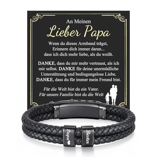 Gamtic Leder Armband Herren Geschenke für Männer - Edelstahl Verstellbare Verschluss Schwarz Lederarmband mit Gravur Schmuck Herren Geschenk für Ihn Papa Opa Mann Sohn Bruder Enkel