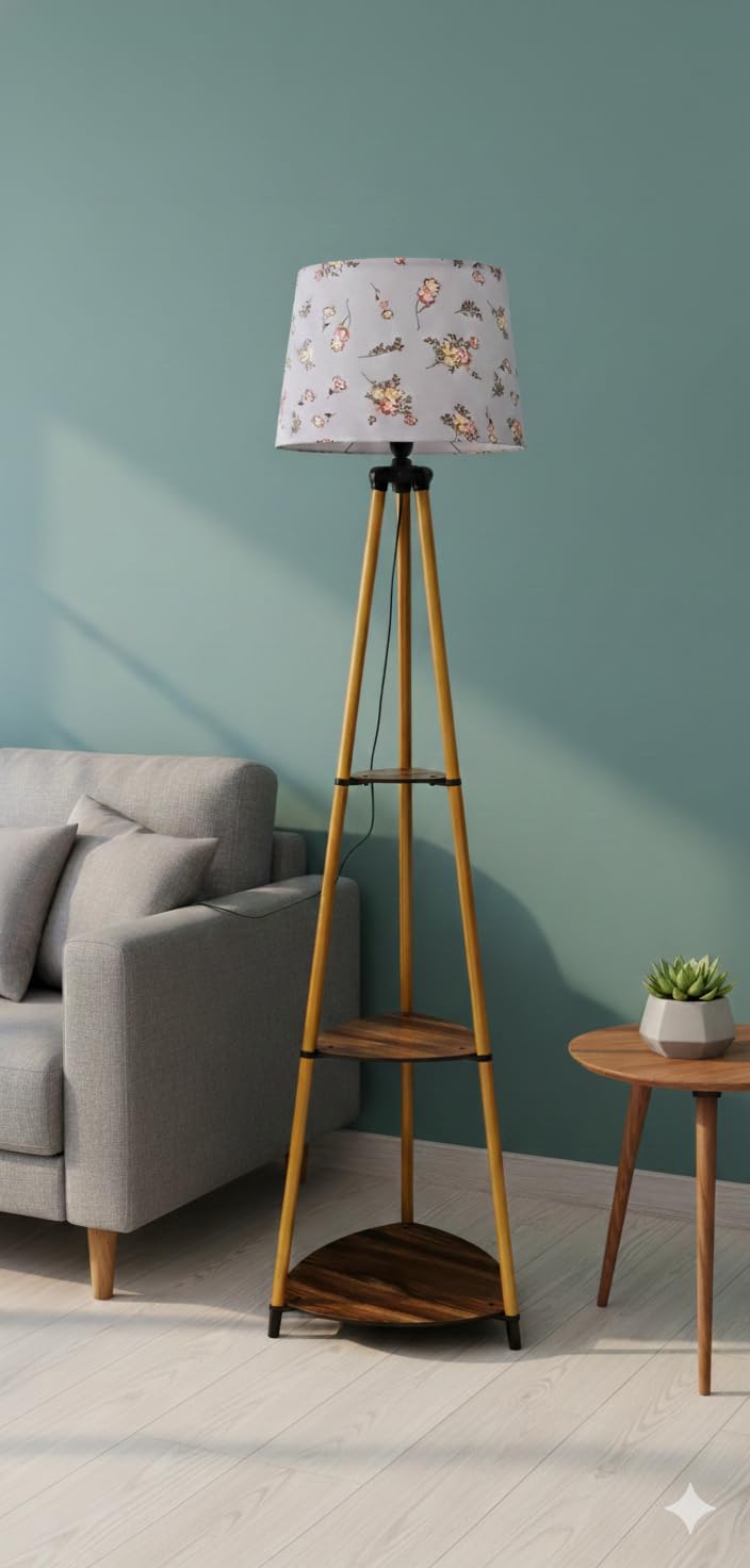 Tripod Floor Lamp with Storage Shelves, Modern Floral Lampshade, Brass Finish Metal Legs, Wooden Base, 120 cm Height, for Living Room, Bedroom, Indoor Lighting