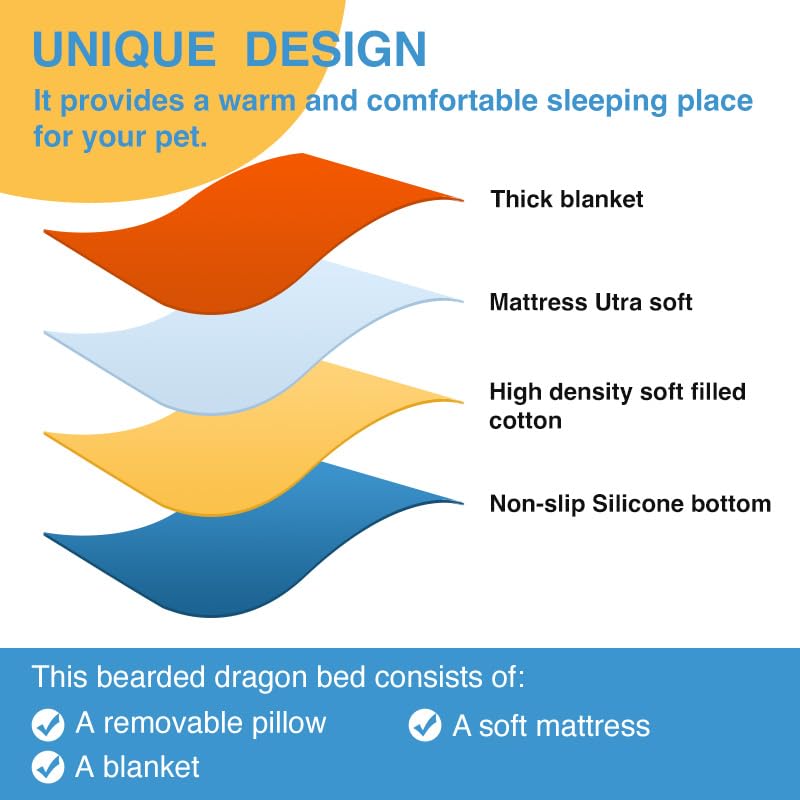CQJ Bearded Dragon Hammock Sleeping Bag Set- Hanging Pet Bed with Pillow and Blanket Hideout Habitat with Soft Warm for Bearded Dragon Lizard Leopard Gecko and Small Pet Animal (Beige + orange Quilt) - Image 4