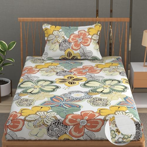 Image of Vram Premium Heavy Cotton Elastic Fitted Bedsheets with 1 King Size Pillow Covers || Single Bed with All Around Elastic 350 TC || 36 x 78 x 6 Inch Single Size Fitted || :- Cream Big Flower