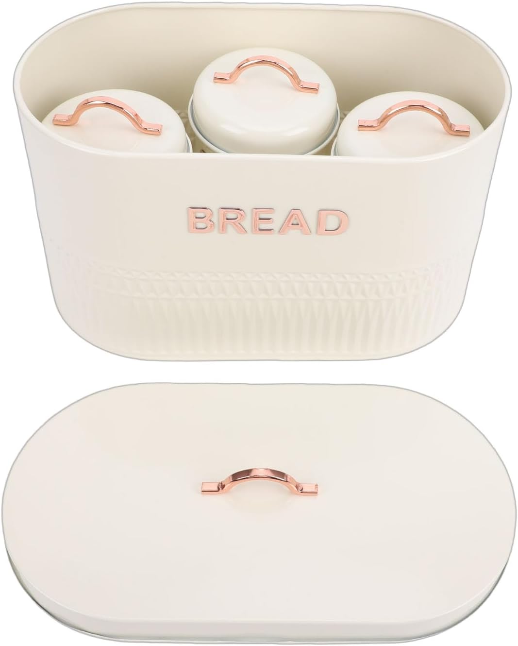 4PCS Bread Box and Canister Set for Kitchen Countertop, Iron Bread Bin Sugar Tea Coffee Storage Canister with Lid, Set for Loaf, Pastry, Dry Food, Space Saving H (Cream)