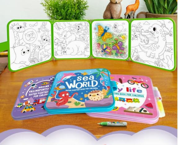 4 Pcs Mess Free Water Painting Book Reusable Coloring Book with Water Pens for Kids Magic Water Drawing Kit with Animal Transportation Daily Life Patterns Aqua Art Sensory Educational Painting Toy - Image 6