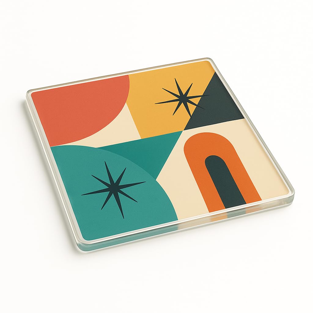 Mid-Century Modern Acrylic Coaster Gift - Geometric Abstract Design with Retro Colour Palette for Home Decor