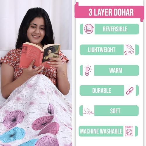 Image of Divine Casa Glace Cotton 120 GSM Reversible Lightweight Printed Double Bed AC Dohar Winter Blanket Quilt - Pink and Turquoise| TC - 120
