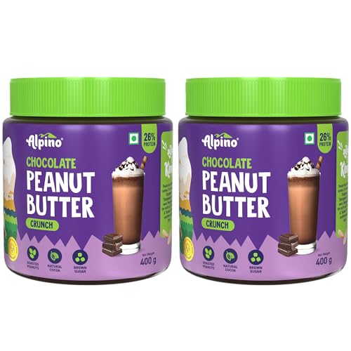 Image of ALPINO Chocolate Peanut Butter Crunch 800g - Roasted Peanuts, Chocolate Paste, Brown Sugar & Sea Salt - 26g Protein, Gluten Free, Vegan - Plant Based Peanut Butter Crunchy - 400g, Pack of 2