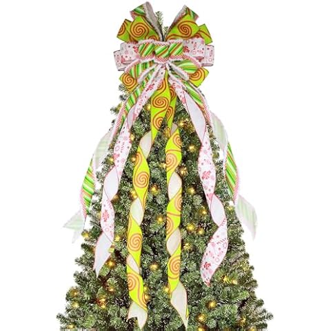 KSPOWWIN Christmas Tree Topper Red Green Decorative Bow,45x13 Inch Handmade Christmas Tree Bows for Xmas Christmas Tree Decorations Home Decor Cover