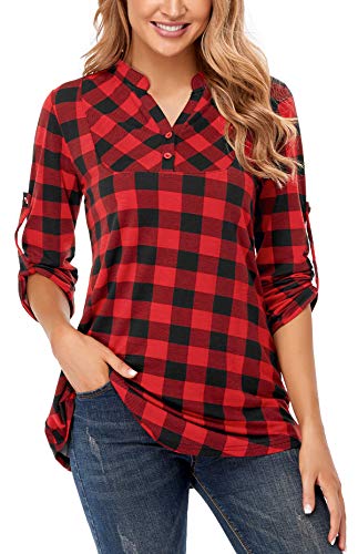 Miusey Tunic Tops To Wear With Leggings, Womens Dressy Tops And Blouses For Women Fashion 2022 Plaid Shirts Women Business Casual Tops Red Blouse Xl #TOP1