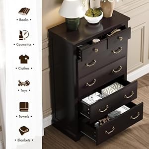Farmhouse 6 chest of drawers for bedroom 48 tall wood dresser with bronze retro handles 3d drawer fronts closet dresser for bedroom hallway espresso  urban country home decor