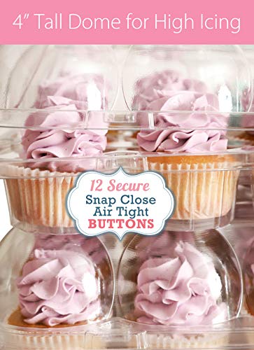 (12Pack x 12 Sets) STACK'nGO Cupcake Carriers - High Tall Dome Clear Containers Thick Plastic Disposable Storage Boxes. 1 Dozen Compartments Slots Holder Cupcakes Box Tray Container. Cup Cake Holders