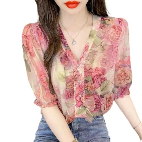V-Ausschnitt Blumenshirt für Damen im Sommer mit modischen...