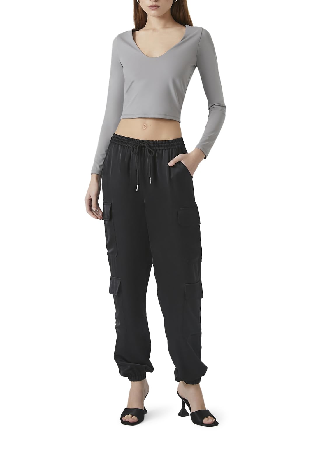 Forever 21 Womens Satin Mid-Rise Cargo Pants