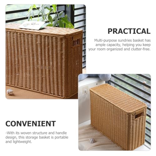 DEARMAMY Rattan Zeitschriftenkorb Mit Deckel Schmaler Aufbewahrungskorb Für Bücher Spielzeug Und Kleinigkeiten Tragbarer Korb Für Badezimmer Und Büro 38X27X15Cm