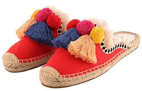 U-Lite Women's Frayed Red Tassel Pom Pom Embroidered Canvas Mule Shoes Espadrilles Flats 10 #TOP5