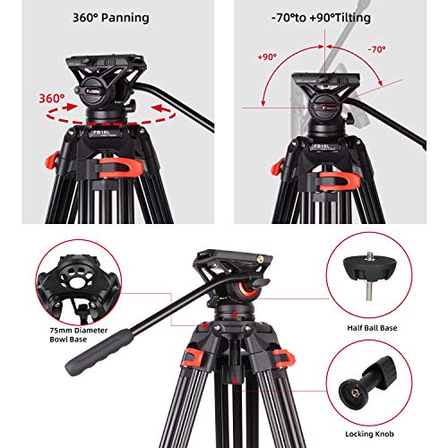 Heavy Duty Tripod, Camera Video Tripod With Fluid Head Aluminum Twin Tube 74.4 Inch, Max Loading 17.6 Lbs, For Canon Nikon Sony Dslr Camcorder Camera #TOP2