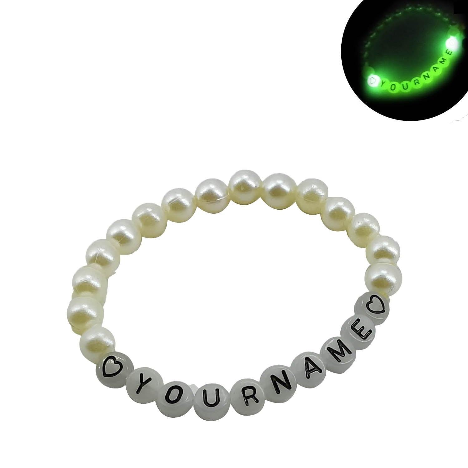 Jewel Exquisity Glow In The Dark Elastic Name Customized Bracelets Personalized For Kids Girls Women With Plastic Pearl Beads White (B0CM256T7H) Amazon Price History, Amazon Price Tracker