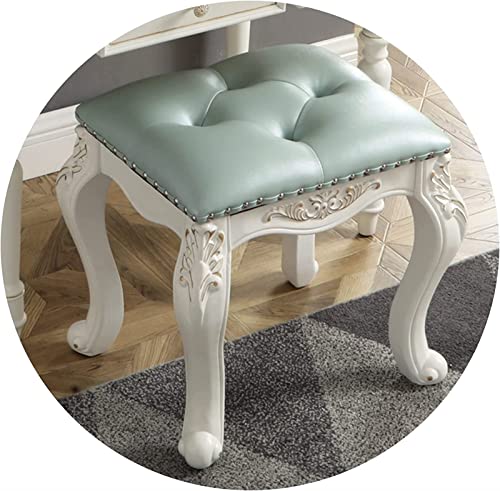 Ele - Taburete de maquillaje tapizado azul con patas de madera de caucho bellamente talladas, perfecto para dormitorio, furgoneta, comedor o sofá (42 x 35 x 45 cm)